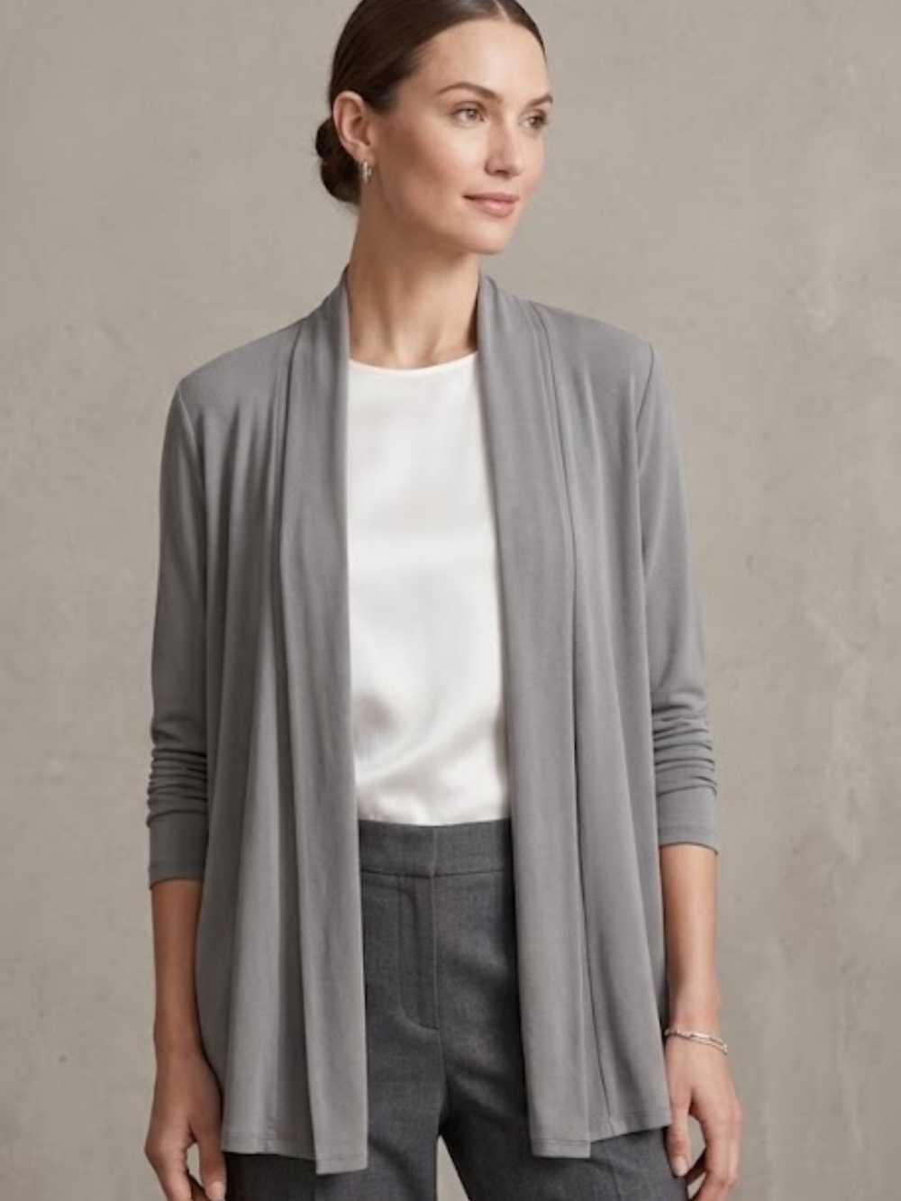 Eileen Fisher Taupe-Gray Open-Front Draped Silk Cardigan Large